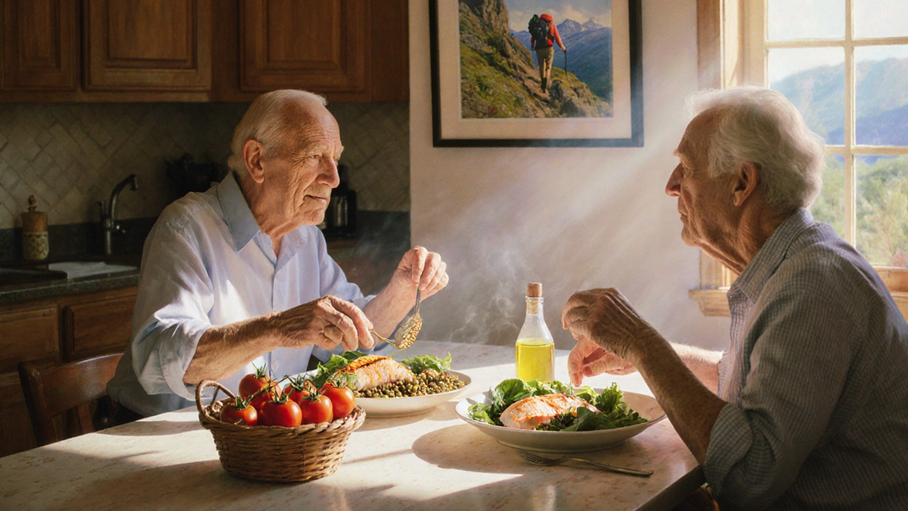 Una coppia anziana che cena con pesce, lenticchie e verdure, circondata da luce calda e naturale.