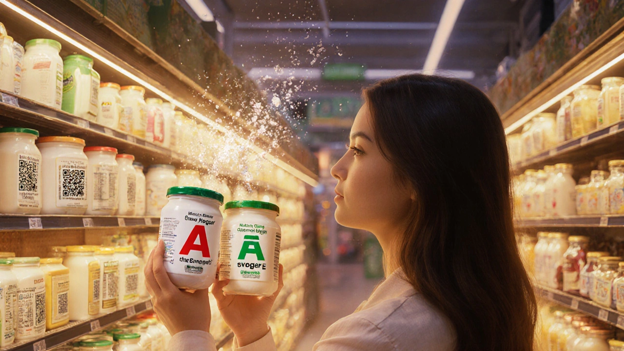 Una donna confronta due vasetti di yogurt con etichette Nutri-Score A e E, illuminati da una luce dorata in un supermercato.