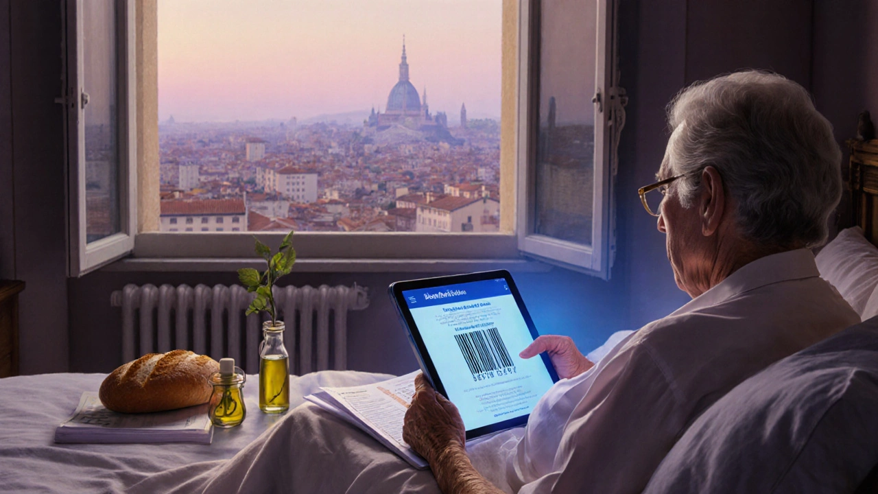 Una donna legge una guida nutrizionale al mattino, con un&#039;app per etichette alimentari visibile sul tablet accanto a lei.