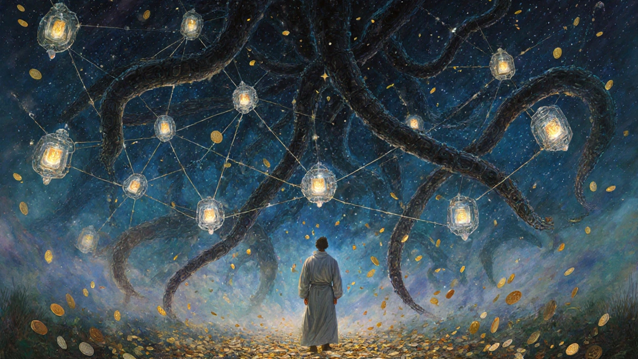 Una rete blockchain celestiale sommersa da tentacoli meccanici mentre monete digitali cadono come foglie.