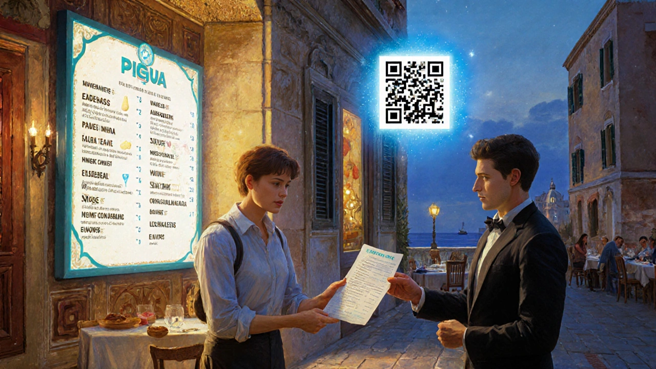 Viaggiatore che consegna piano di emergenza a un cameriere davanti a un ristorante con menu digitale.