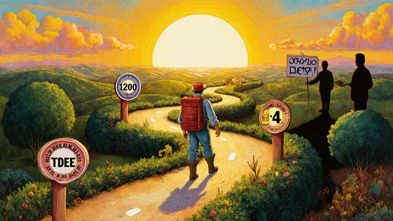 Viaggiatore su sentiero a forma di corpo, con milestone di TDEE e sole di cibo bilanciato.