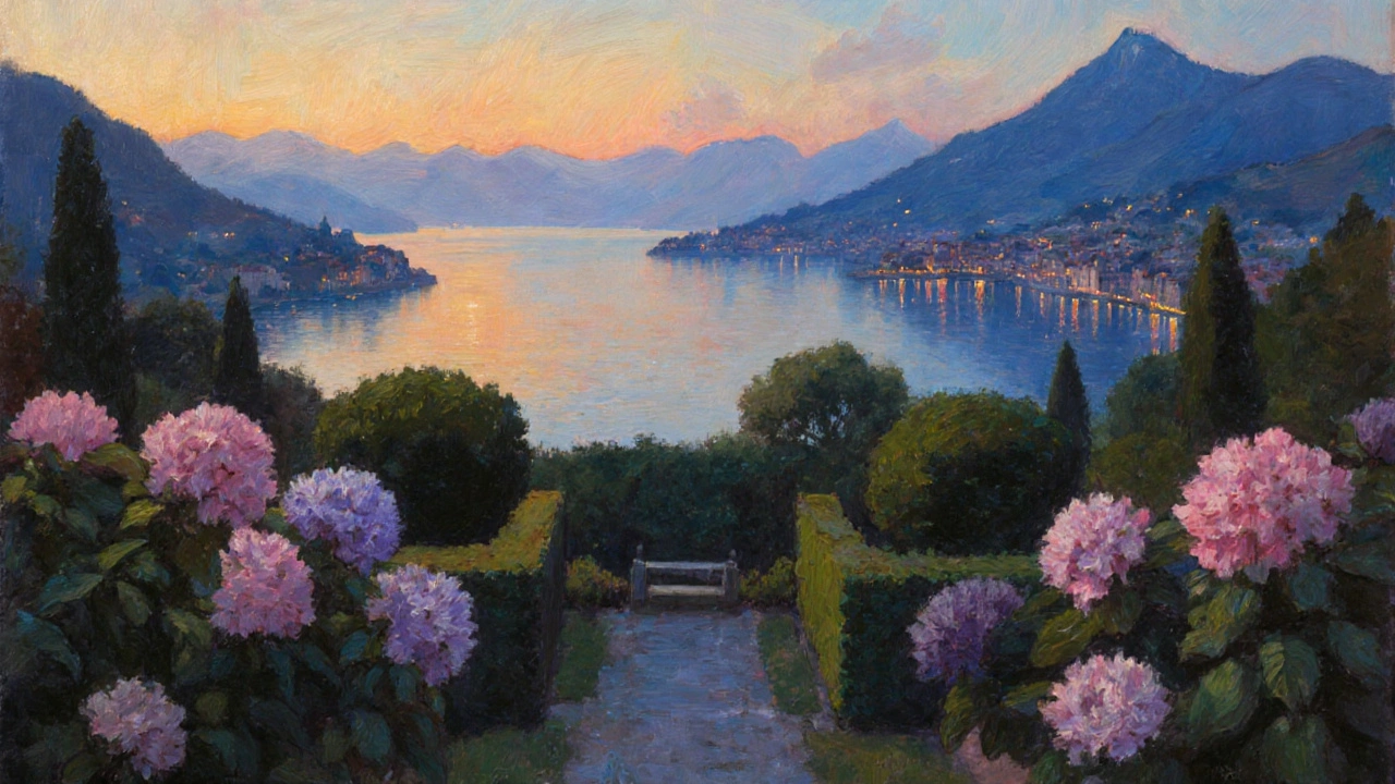 Vista panoramica dalla Villa Carlotta che mostra le tre braccia a Y del Lago di Como al tramonto.