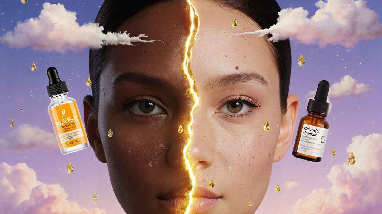 Volto diviso in due: macchie scure da un lato, pelle luminosa dall&#039;altro, collegate da una luce dorata.