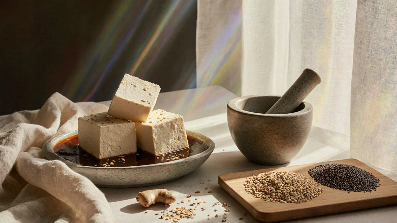 Blocchi di tofu in marinata con semi di sesamo e cereali interi, luce soffusa.