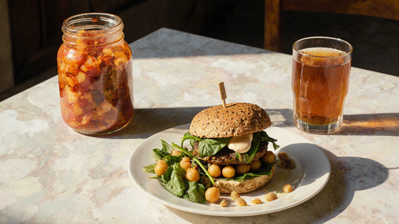 Burger di ceci e tofu su pane integrale con kimchi e tè erbe, tavolo accogliente.