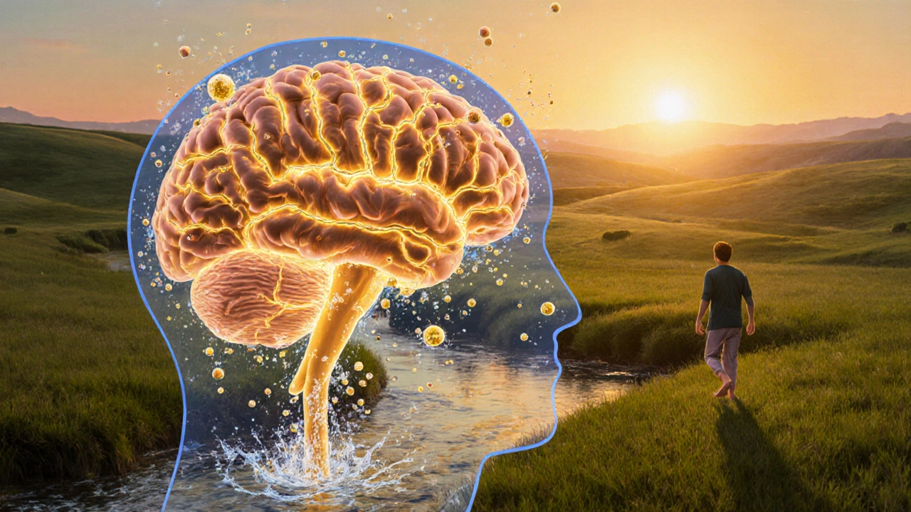 Cervello umano illuminato al tramonto, con tossine che vengono lavate via da un fiume dorato e una figura che cammina verso il sole.