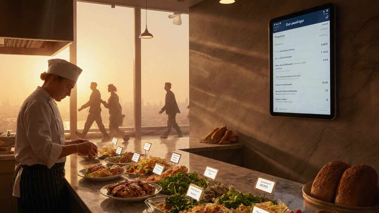 Chef che prepara un pasto personalizzato in una cucina illuminata dalla luce dorata, con ingredienti etichettati e un tablet che mostra gli ordini in tempo reale.