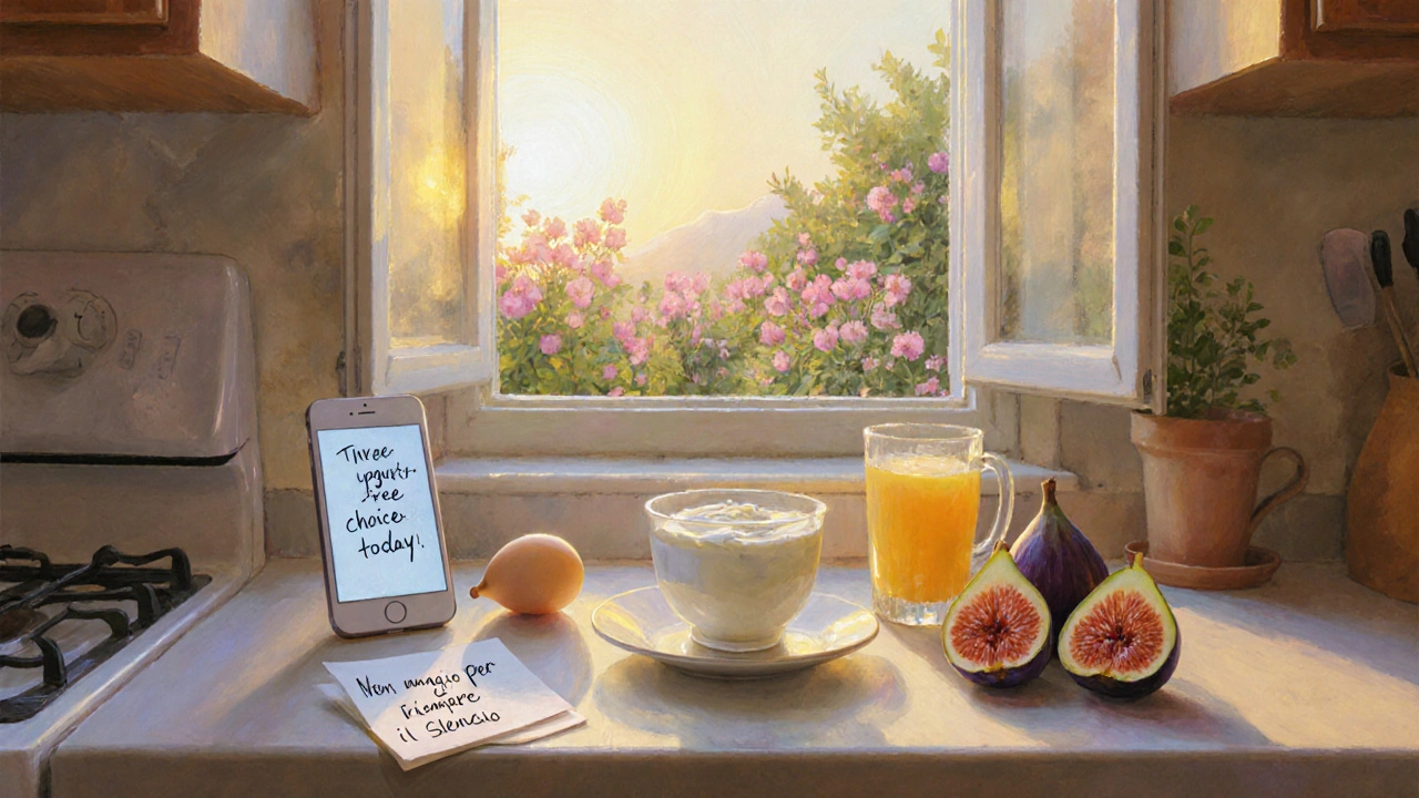 Colazione sana al mattino con un promemoria scritto a mano sul bancone.