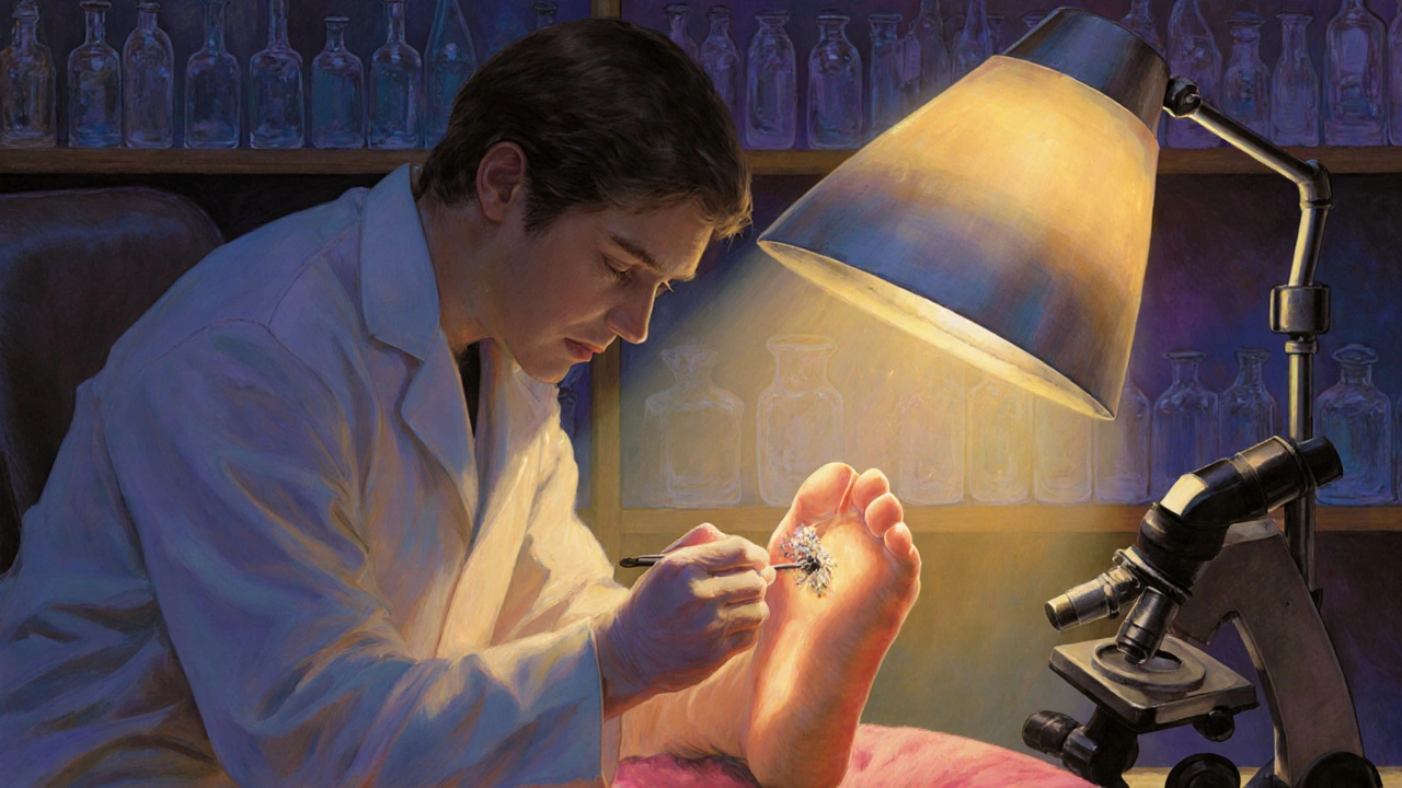 Dermatologo che preleva un campione di unghia sotto una luce calda, in uno studio clinico tranquillo.