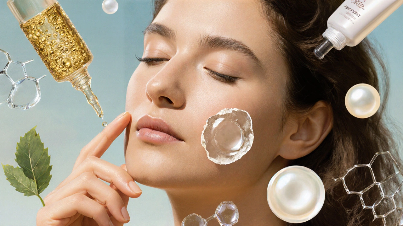 Donna che applica sieri e creme con elementi botanici fluttuanti intorno al viso.