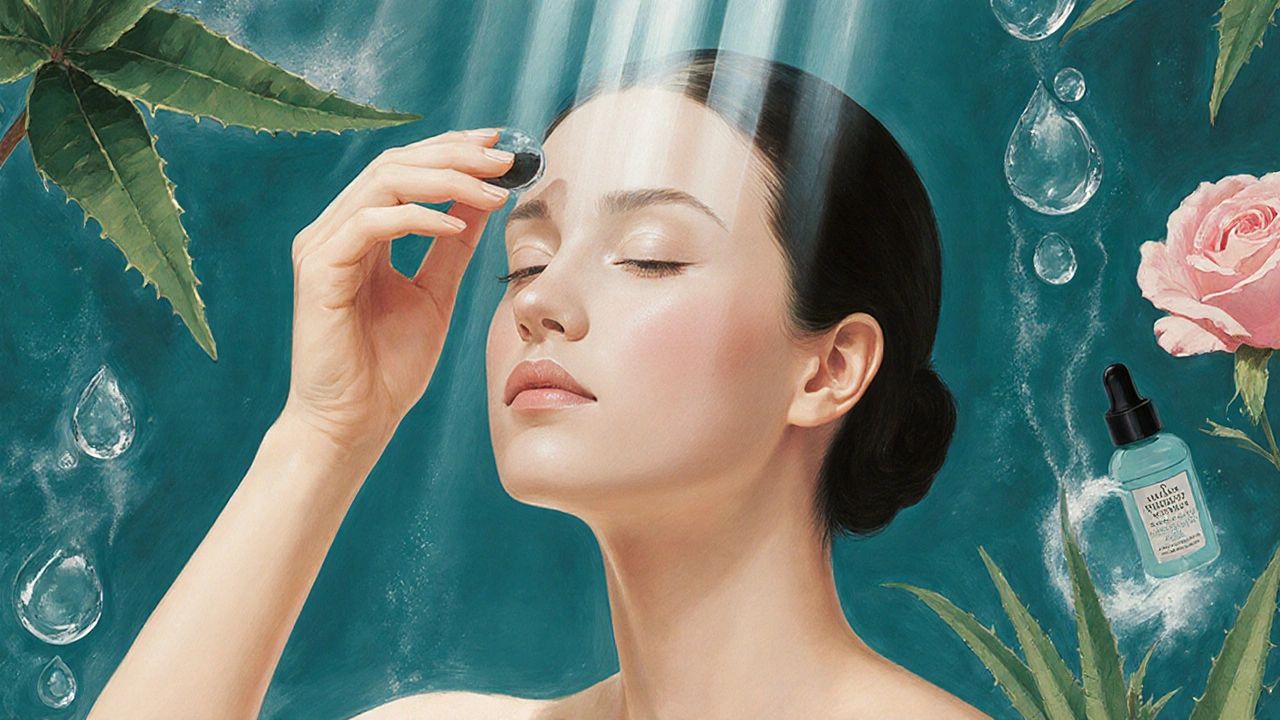 Donna che applica siero sul viso, elementi botanici e luce dorata che trasformano la pelle grassa in texture opaca.