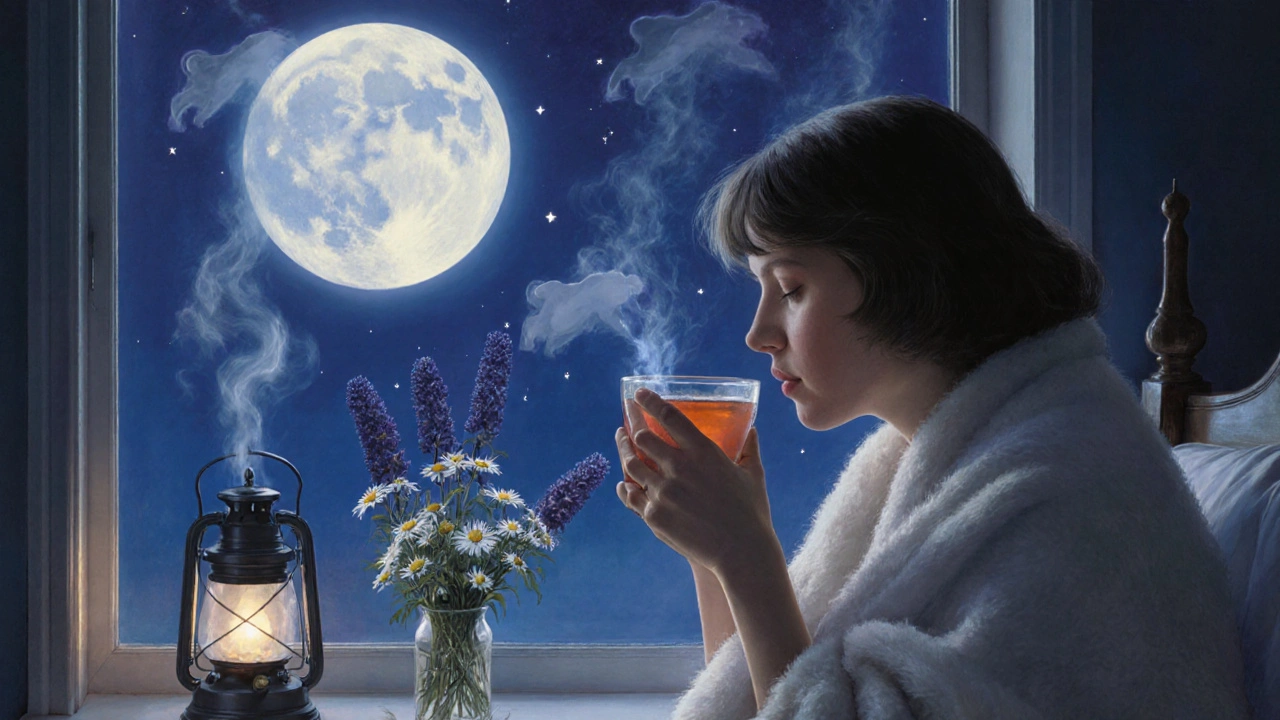 Donna che beve tè di valeriana di notte, luce lunare e vapore che forma forme sognanti.