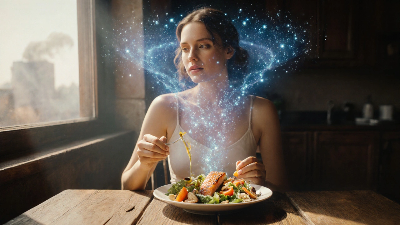 Donna che mangia insalata con olio e salmone, mentre molecole antiossidanti illuminano la sua pelle.