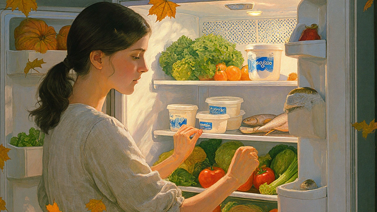 Donna che ordina la spesa nel frigorifero, con verdure, yogurt e pesce ben organizzati, luce del tramonto che filtra dalla finestra.