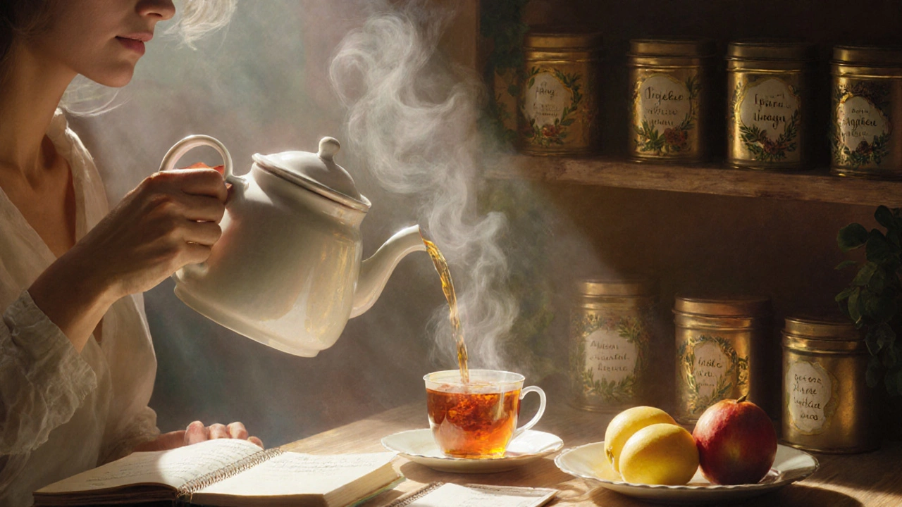 Donna che serve tè Oolong in cucina, luce calda e ingredienti naturali intorno.