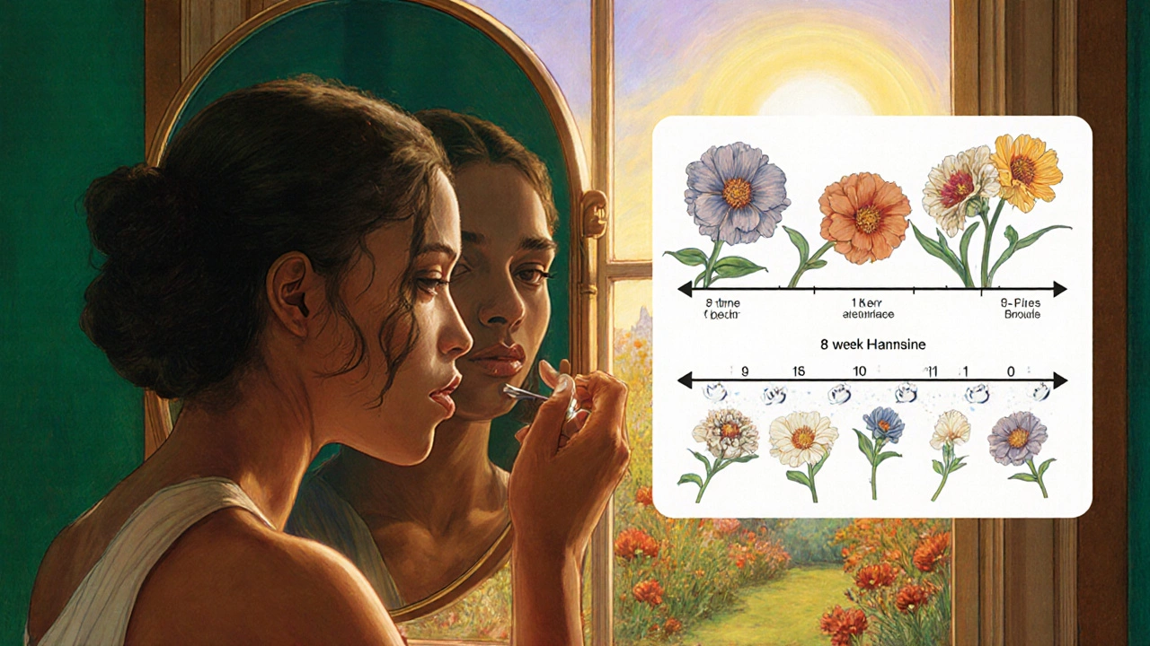 Donna con pelle scura che applica siero, riflessione nello specchio mostra miglioramento progressivo.