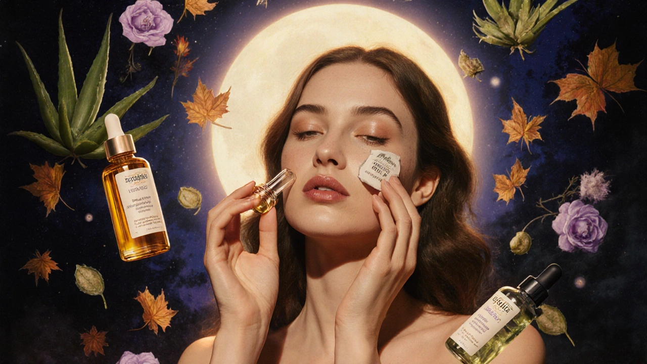 Donna in notte che applica siero serale, con cellule che si rinnovano e elementi naturali fluttuanti intorno a lei.