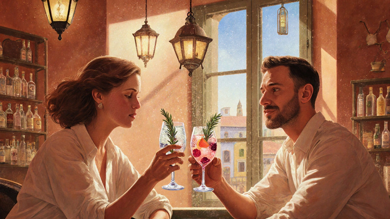 Due amici in un bar italiano che brindano con cocktail analcolici artigianali, luce dorata e piante aromatiche.