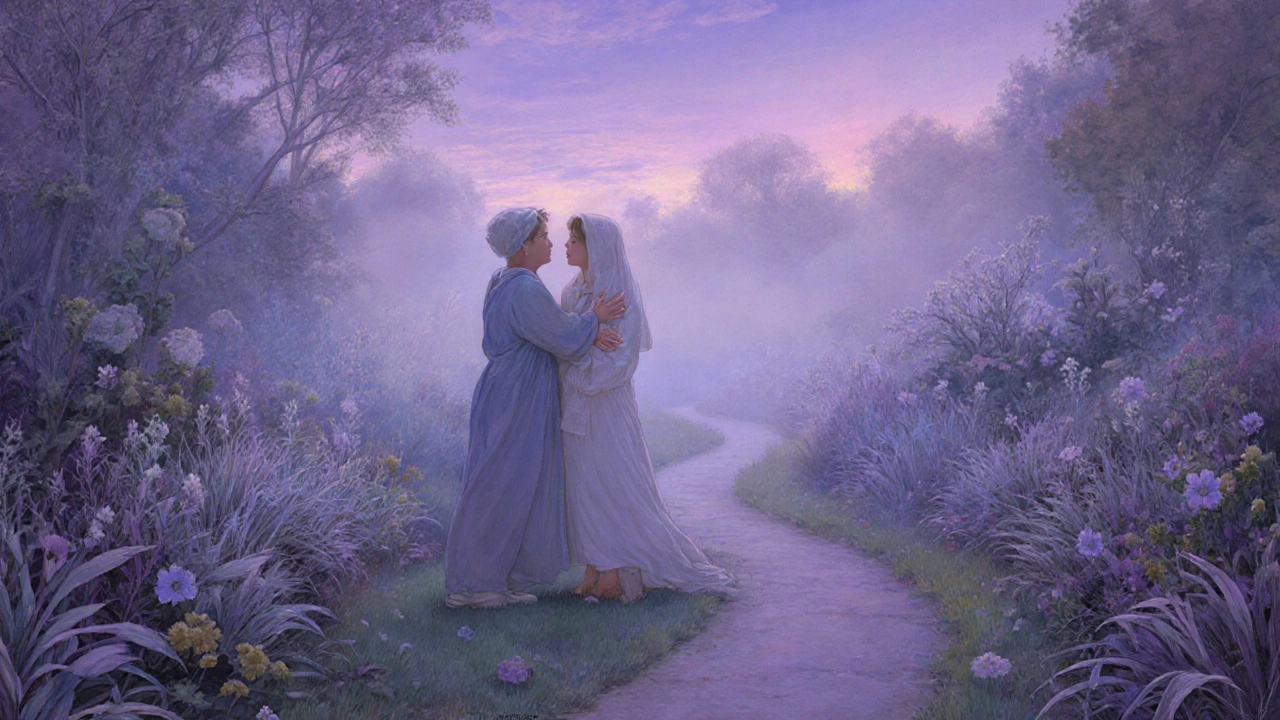 Due persone in un giardino al crepuscolo, una ascolta l&#039;altra con empatia.