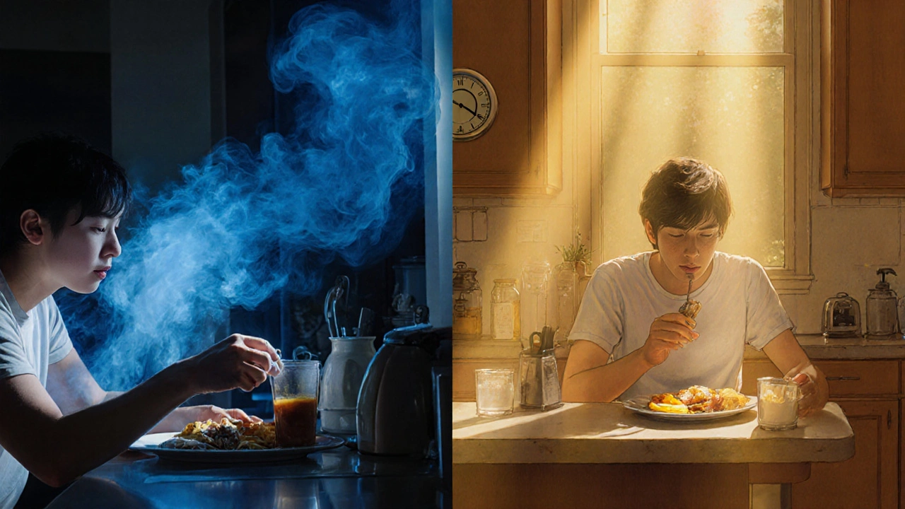 Due scene contrastanti: una persona che mangia di notte sotto la luce blu e l&#039;altra che fa colazione al sole con orologio fissato.