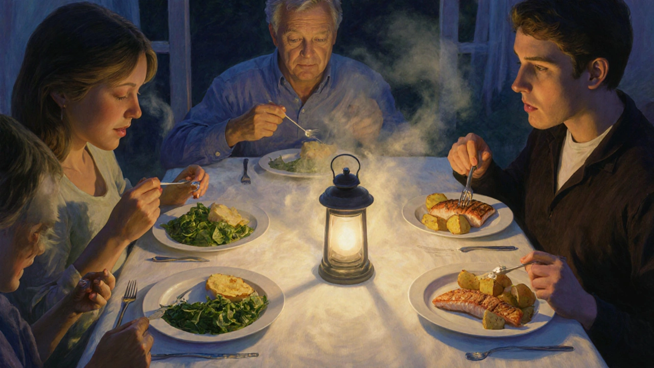 Famiglia che cena con piatti bilanciati: verdure, pesce e patate, illuminata da una lanterna calda in un&#039;atmosfera serena.