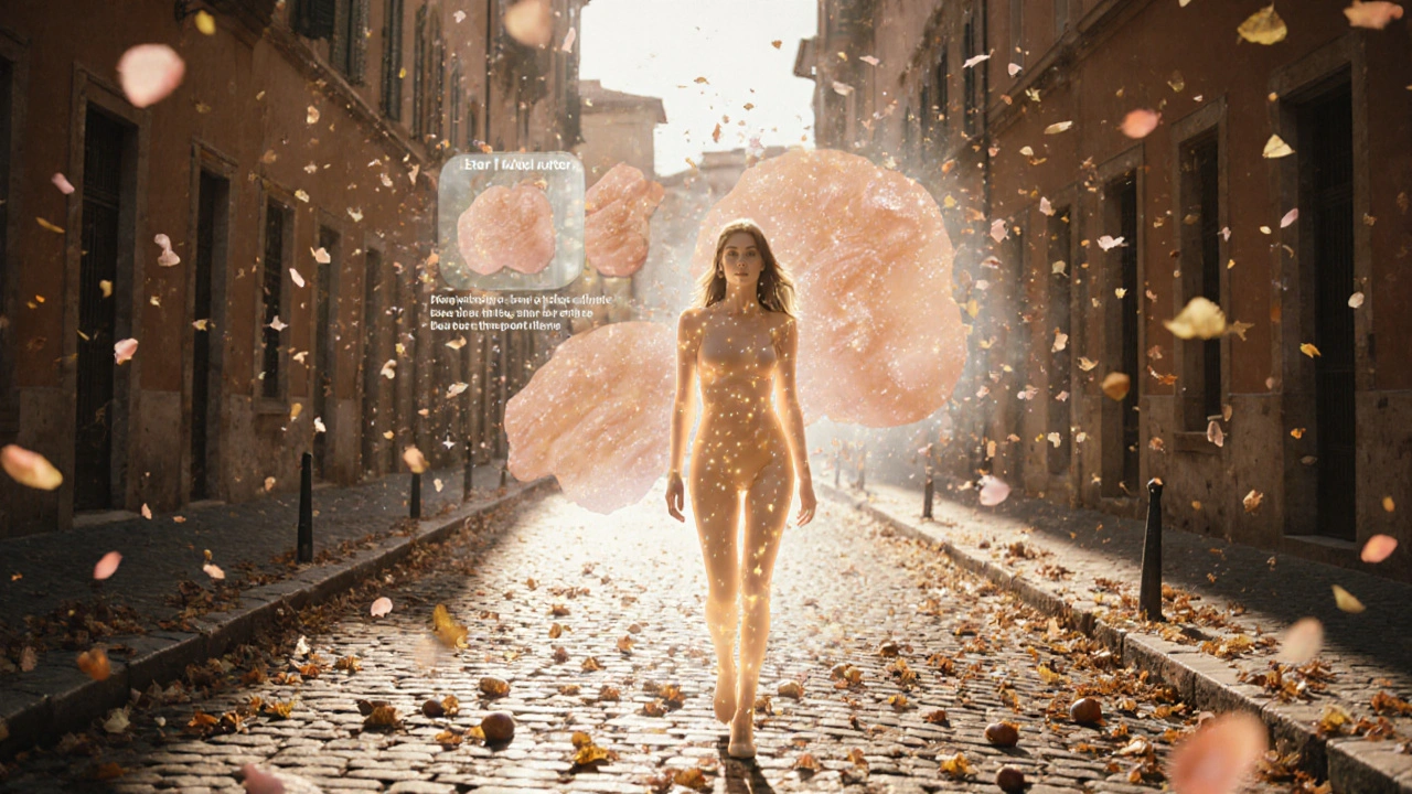 Figura femminile che cammina in una città autunnale italiana, con inquinamento che si dissolve in luce e petali.