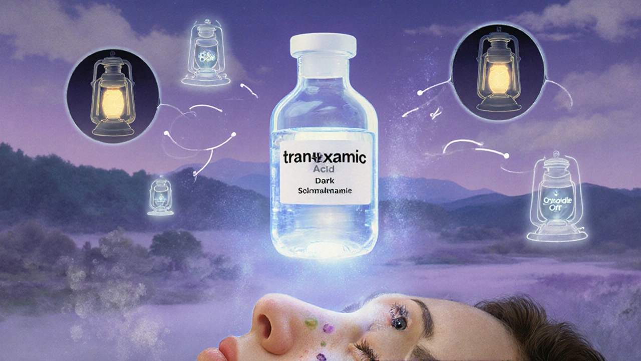 Flacone di acido tranexamico che emana luce per cancellare macchie cutanee, in uno stile onirico.