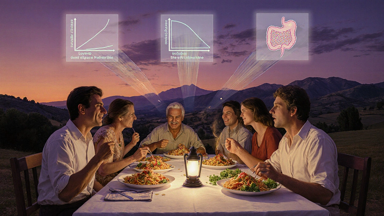 Gruppo di persone che mangiano pasta integrale al tramonto, con simboli di salute fluttuanti.