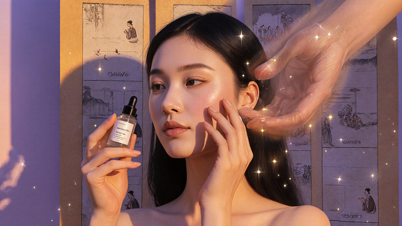 Mani che applicano essence e siero in una sequenza armoniosa, con particelle brillanti che fluttuano nell&#039;aria.