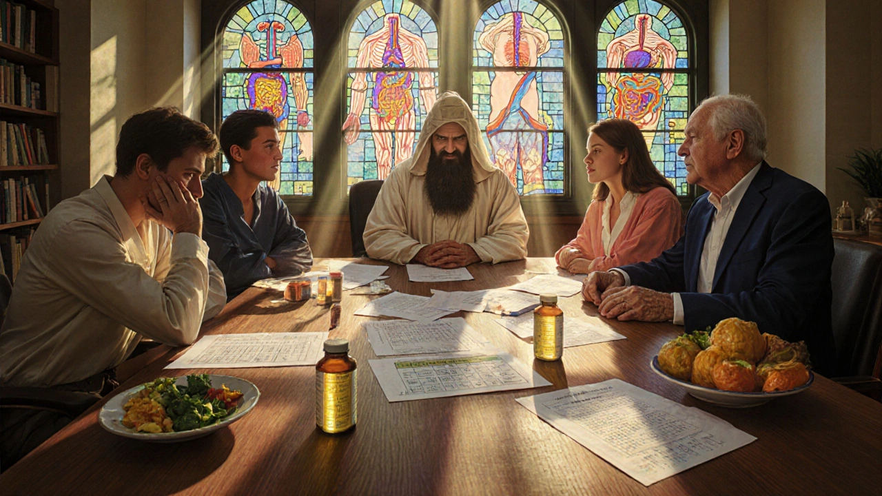 Nutrizionista con un gruppo diverso di persone attorno a un tavolo con risultati di test e cibi personalizzati.