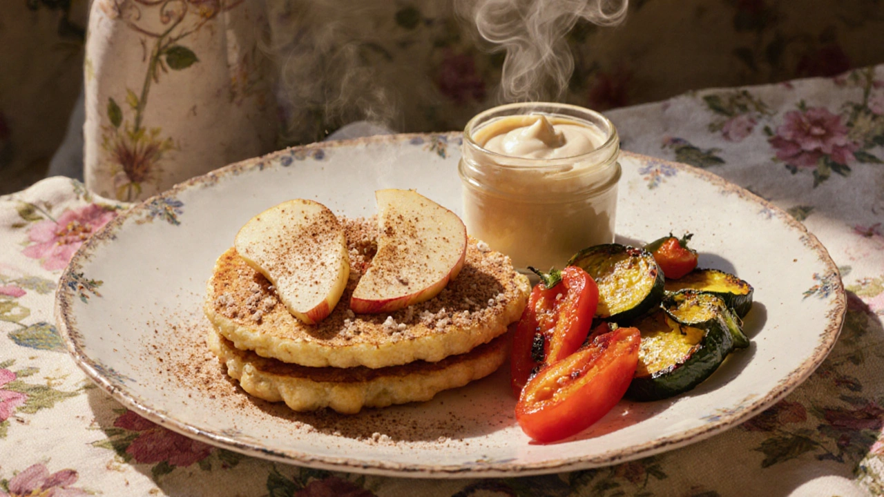 Pancake di farina di ceci con mela e cannella, accompagnati da peperoni arrostiti e tahini su piatto ceramico.