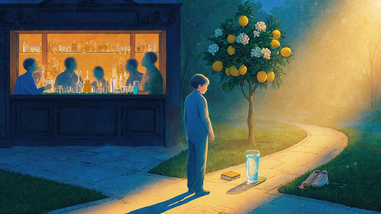 Persona alla biforcazione tra un bar caotico e un giardino sereno, con un bicchiere d&#039;acqua e un diario.