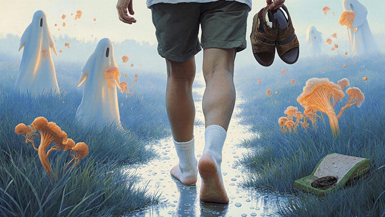 Persona che cammina a piedi nudi sull’erba, con ciabatte e strumenti infetti lasciati dietro di sé.