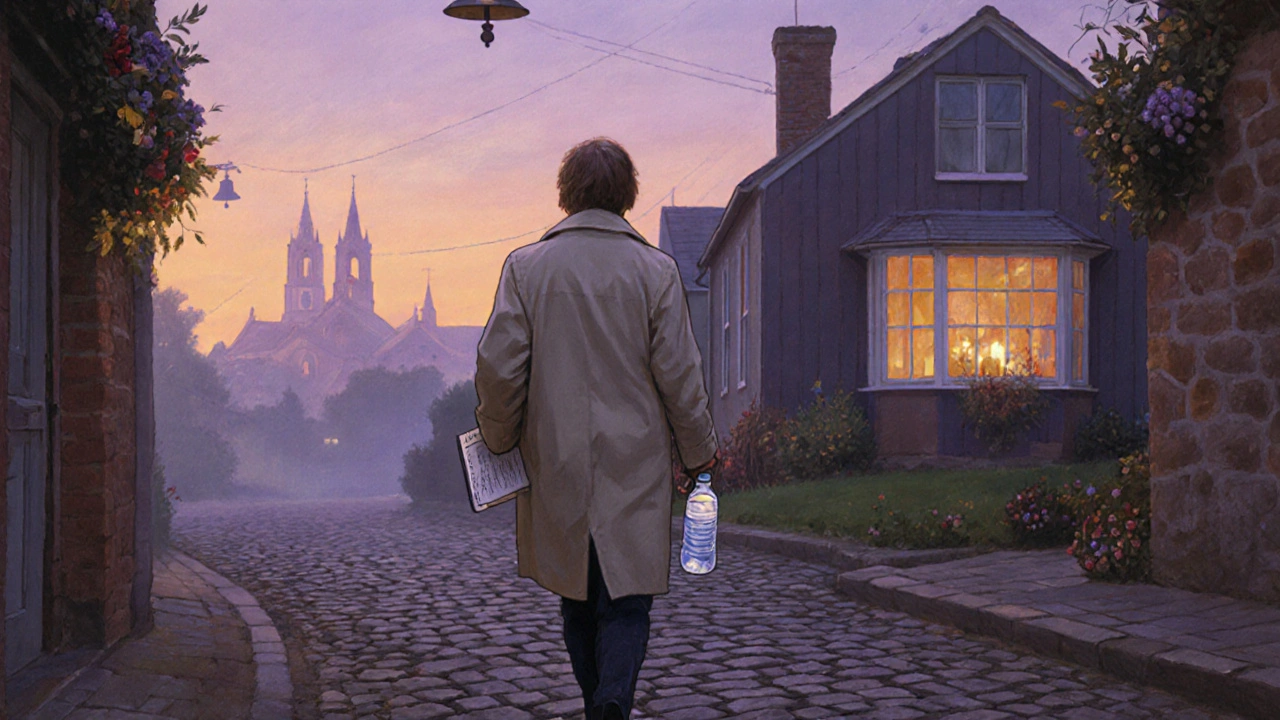 Persona che cammina al mattino dopo una serata sociale, con cielo colorato e casa in lontananza.