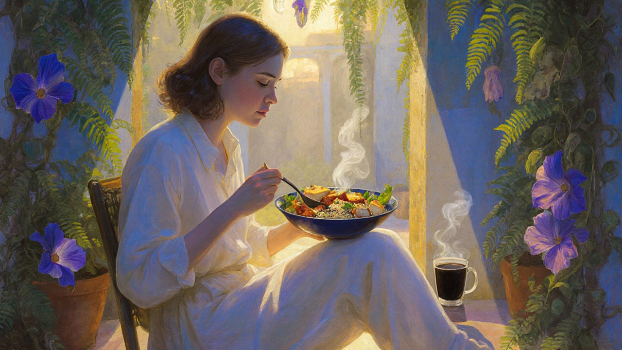 Persona che gusta quinoa e tofu con verdure arrostite in un cortile illuminato dall&#039;alba, con piante e caffè accanto.