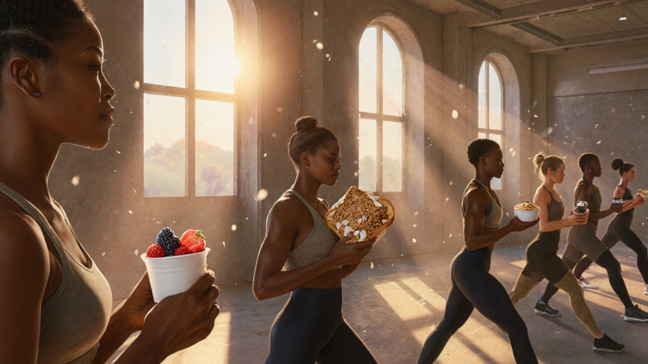 Persone che si allungano in palestra al mattino, ognuna con uno spuntino sano sul tavolo.