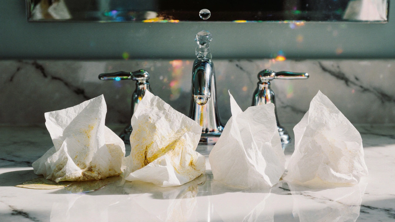 Quattro fogli di carta assorbente mostrano macchie di olio diverse su un piano di marmo.