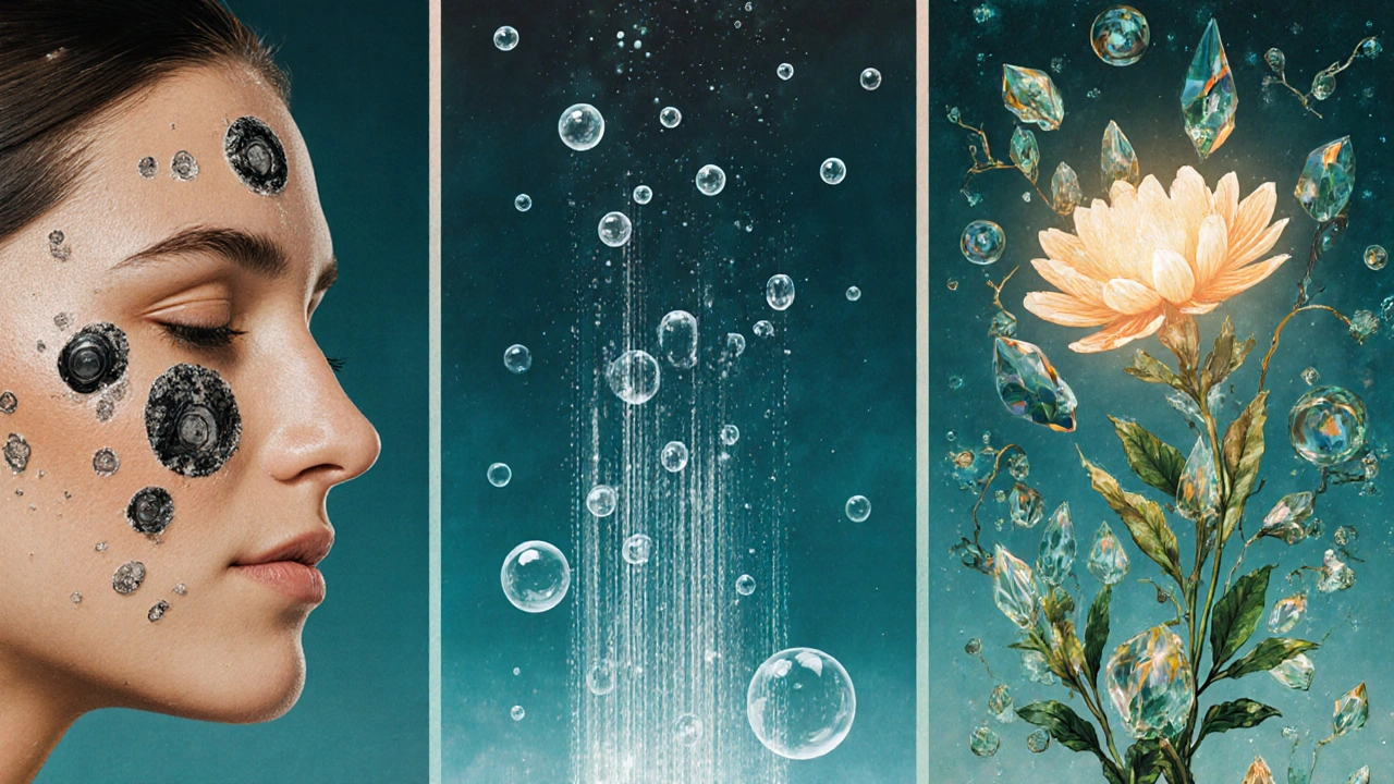 Rappresentazione simbolica del detox cutaneo in tre fasi: pulizia, rigenerazione e pelle radiosa tra elementi luminosi.