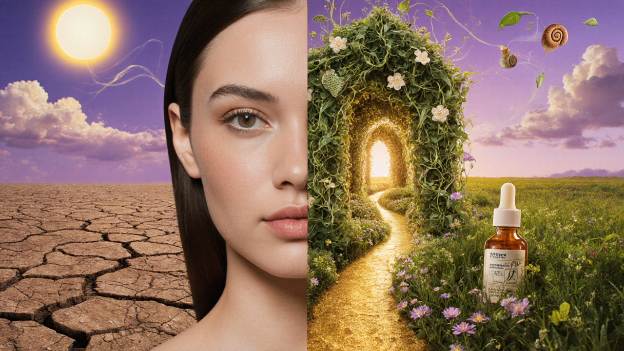 Ritratto diviso: pelle secca da un lato, pelle rigenerata e floreale dall&#039;altro, unite da un percorso luminoso.