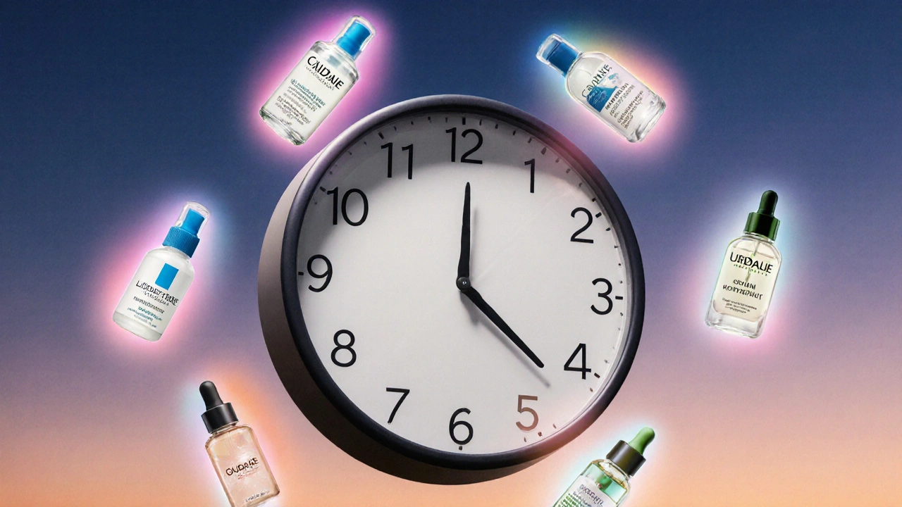 Ritratto simbolico di un orologio con passi della cura della pelle e flaconi di sieri che emettono luce soffusa.