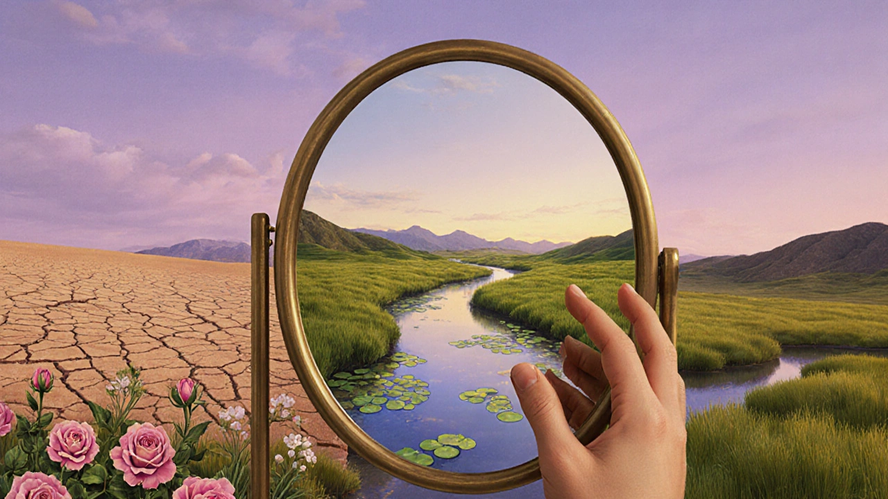 Specchio che riflette un paesaggio simbolico rappresentante i diversi tipi di pelle.