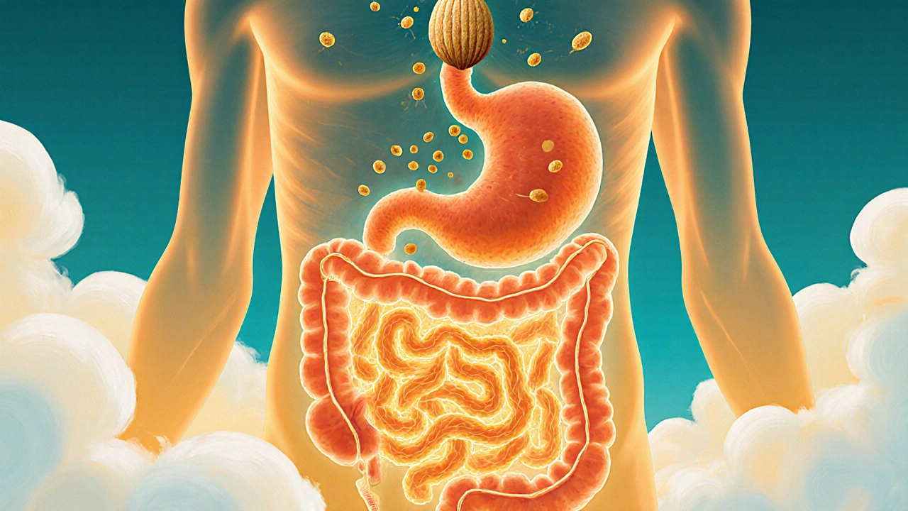 Torso umano trasparente con intestino luminoso e batteri benefici in un&#039;atmosfera magica.