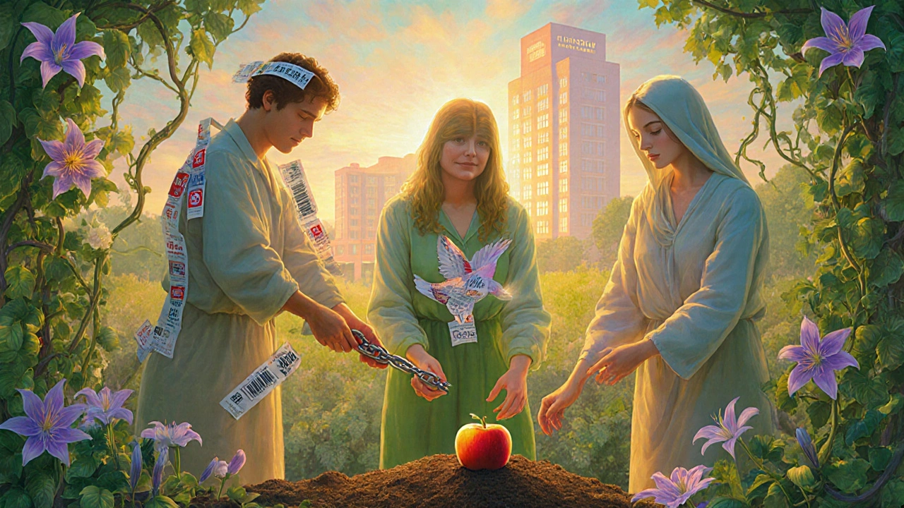 Tre persone in un giardino curativo che liberano catene di etichette, uccelli e cibo, tra fiori e luce soffusa.
