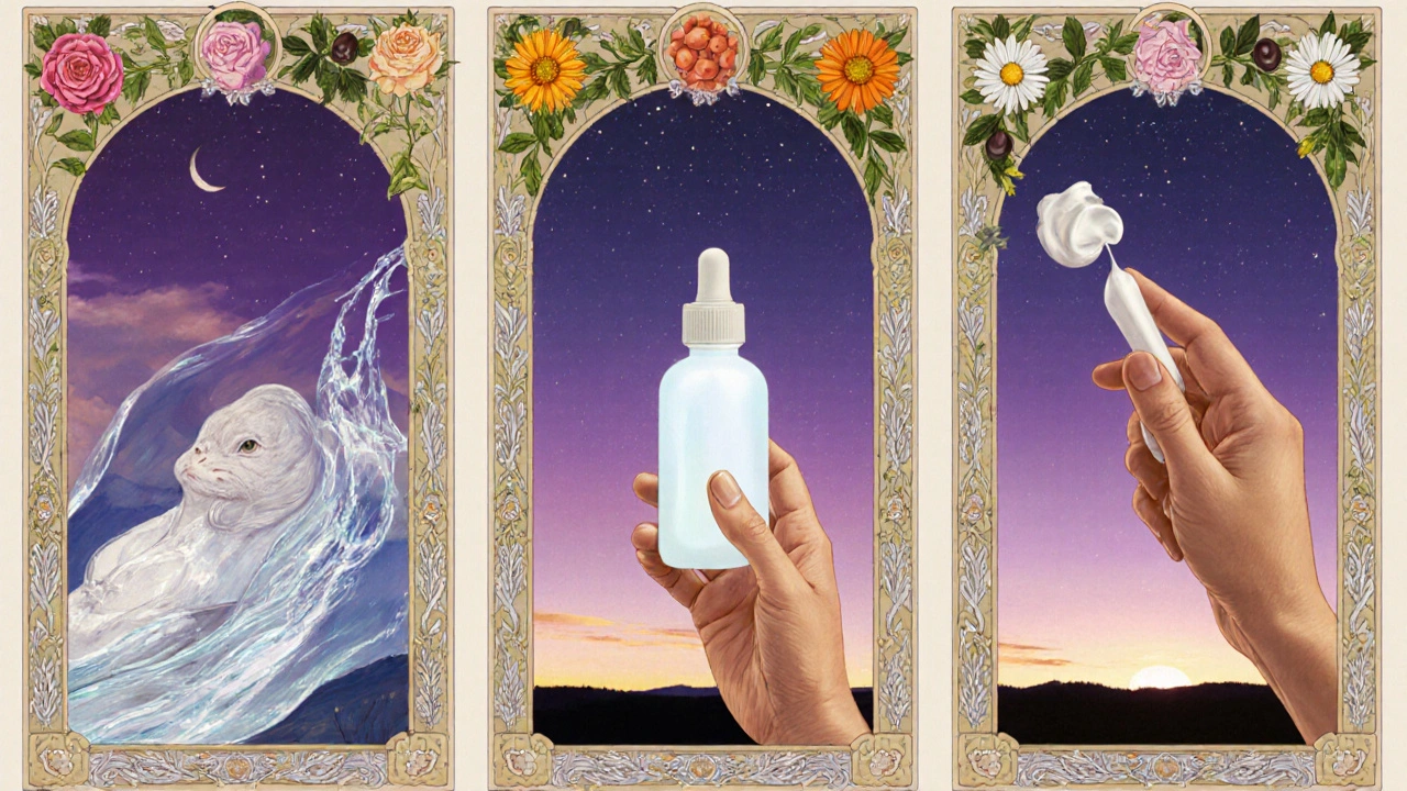 Triptico simbolico della routine serale: pulizia, siero e crema, con motivi botanici e cielo crepuscolare.
