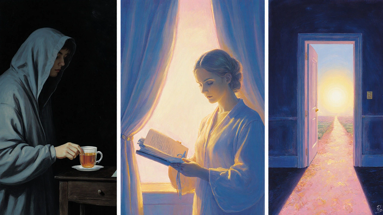 Triptico simbolico: isolamento, cura e speranza lungo un sentiero luminoso.