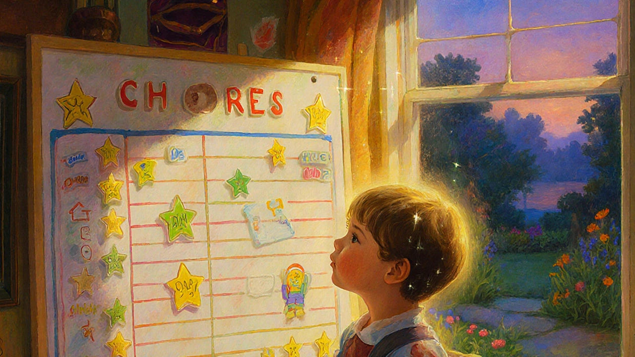 Un bambino guarda un tabellone con stelline, circondato da luce magica e oggetti ordinati.