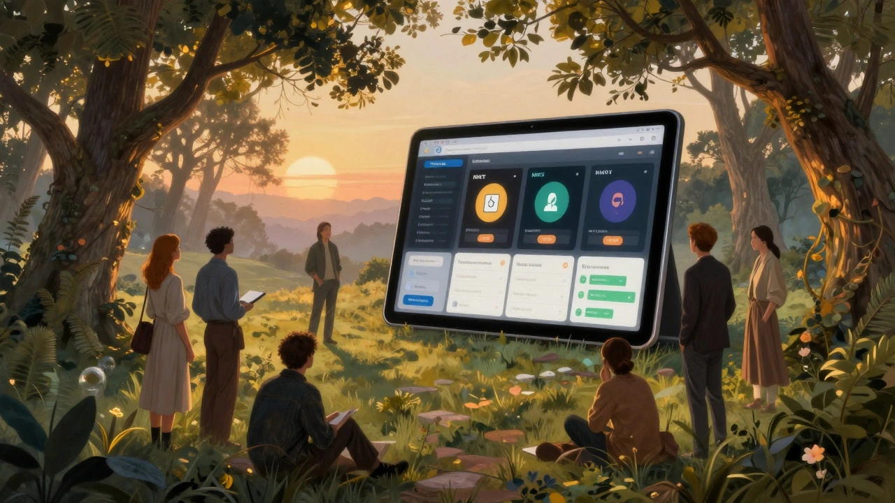 Un gruppo eterogeneo discute NFT e votazioni in un bosco mistico illuminato dalla luce dell&#039;alba.