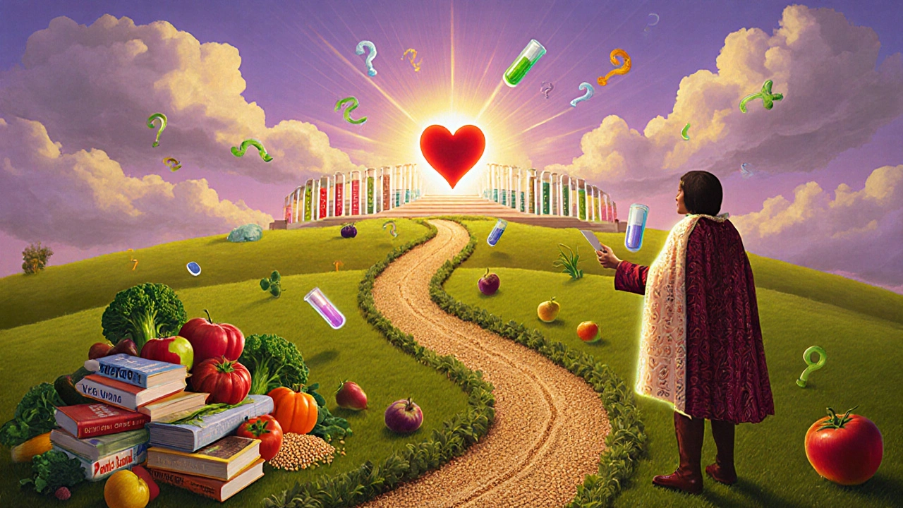 Un sentiero di cibi sani conduce a un tempio a forma di cuore, mentre si abbandonano diete generiche.