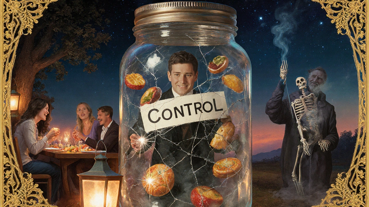 Un uomo intrappolato in un vaso di vetro pieno di cibi che emettono luce e fumo, mentre altri vivono una cena calda fuori.